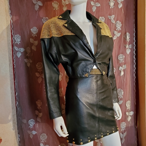 Black Leather w/ Gold Studs Skirt & Jacket Set - Picture 3 of 14